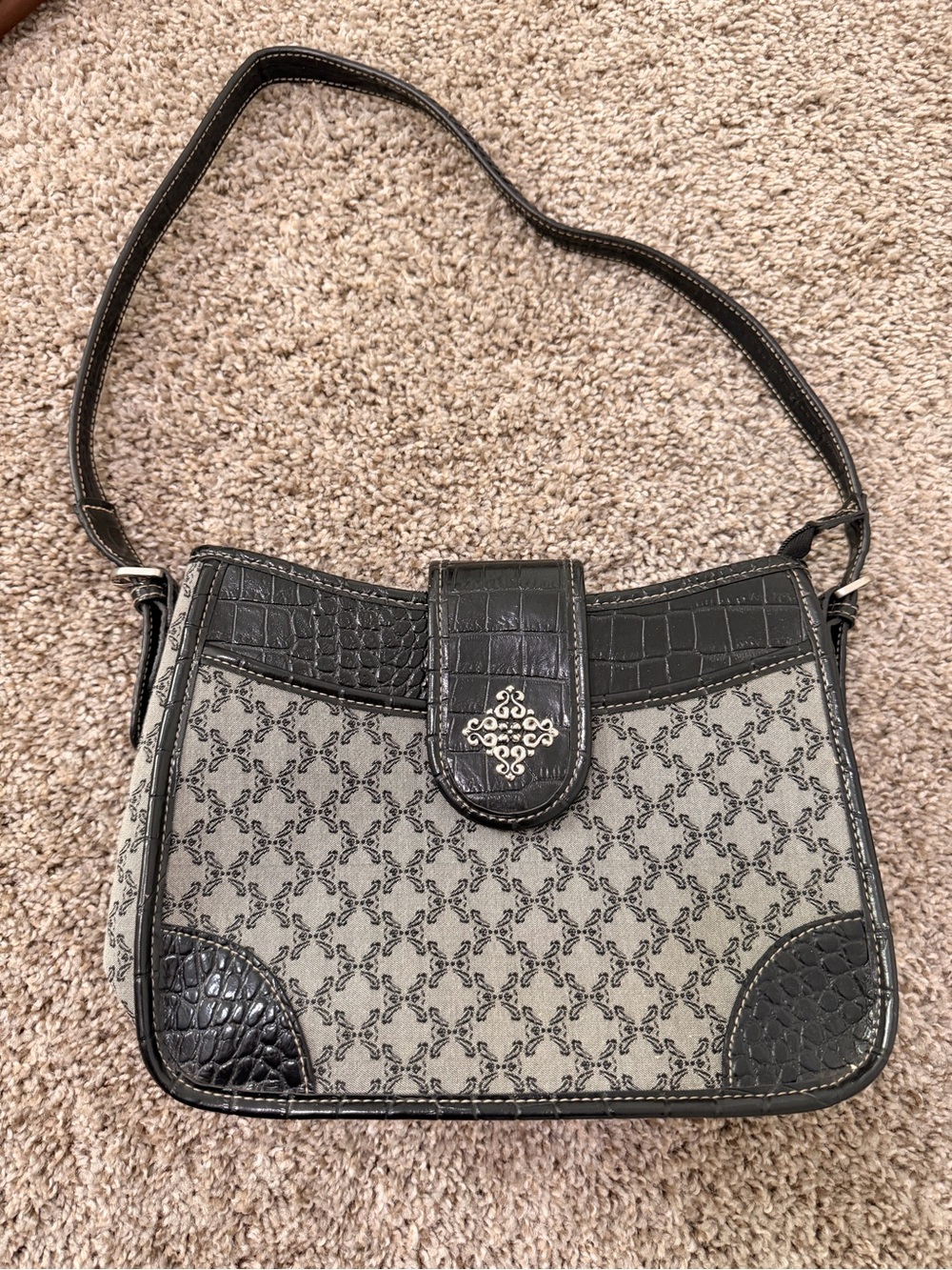 Black Patterned Shoulder Bag with Logo Accent
